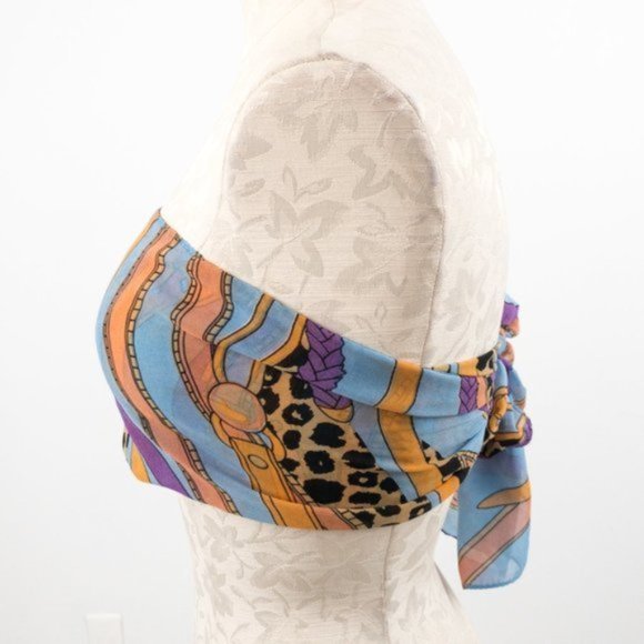 Vintage Scarf 80s 90s OS Silk Chiffon Fashion Graphic Print Blue - Picture 3 of 12